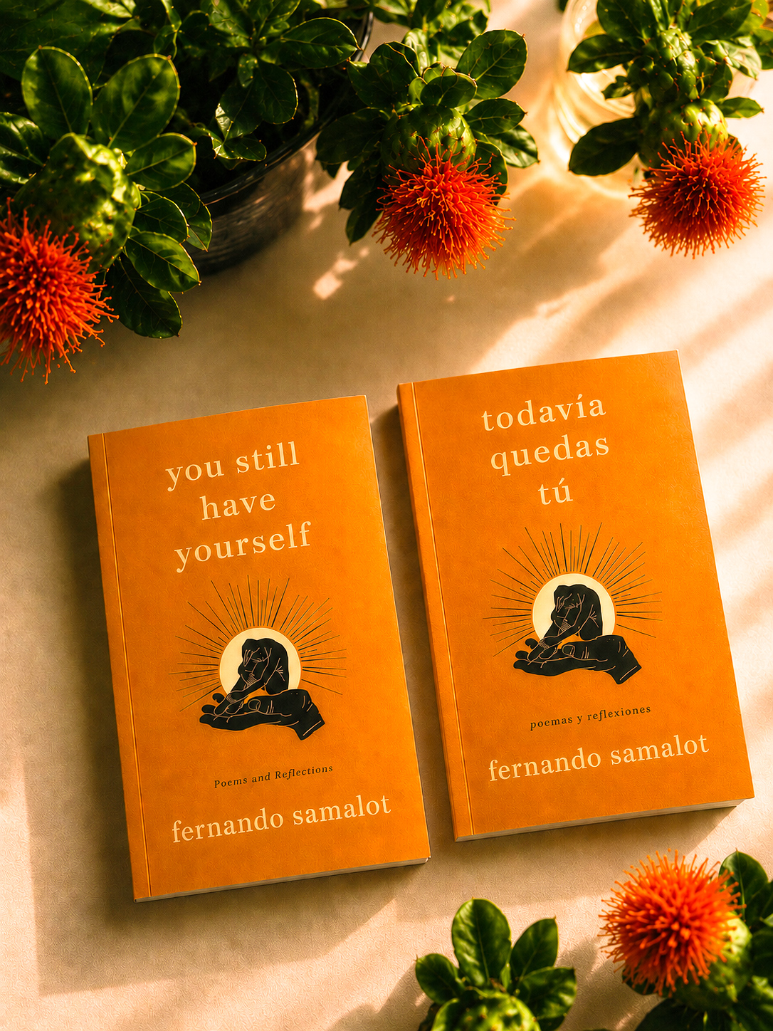 Two editions of you still have yourself among green leaves and orange flowers in warm sunlight